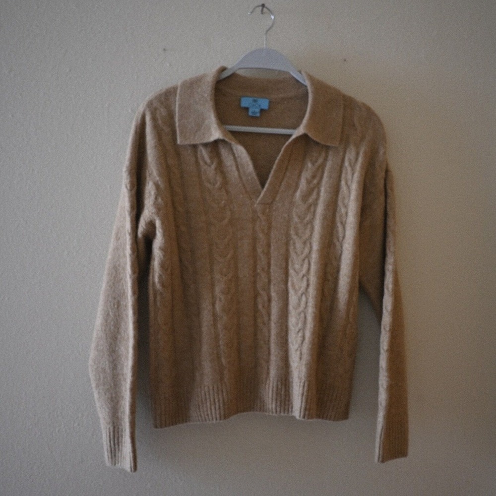 CeCe Oatmeal Beige Collared V-Neck Cable Knit Sweater Size S Y2K Tan Pullover